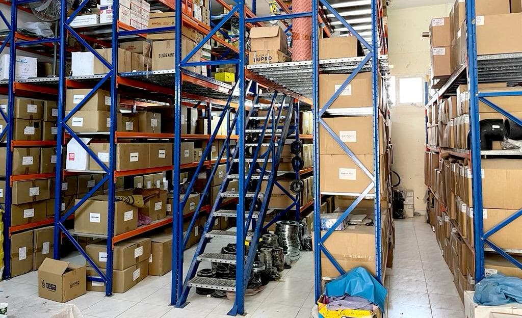 Building materials inventory inside Global Remote Musaffah warehouse